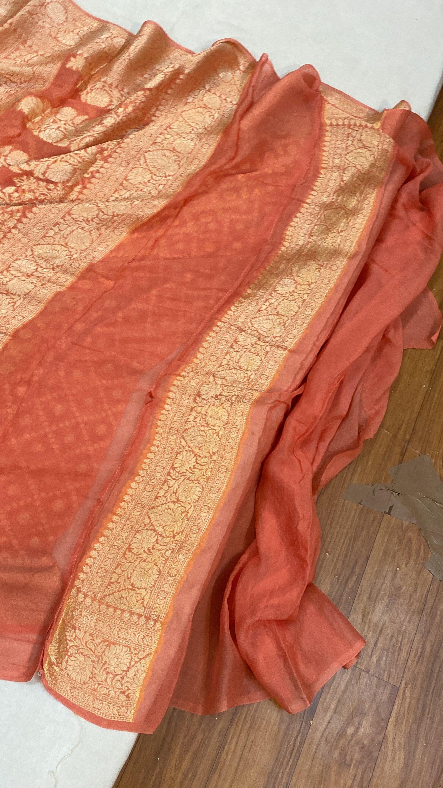 Peach Pure Khaddi Georgette Banarasi Sari by Shades Of Benares - banarasi - banarasi saree shop