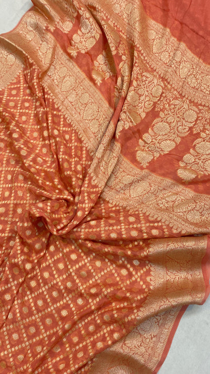 Peach Pure Khaddi Georgette Banarasi Sari by Shades Of Benares - banarasi - banarasi saree shop