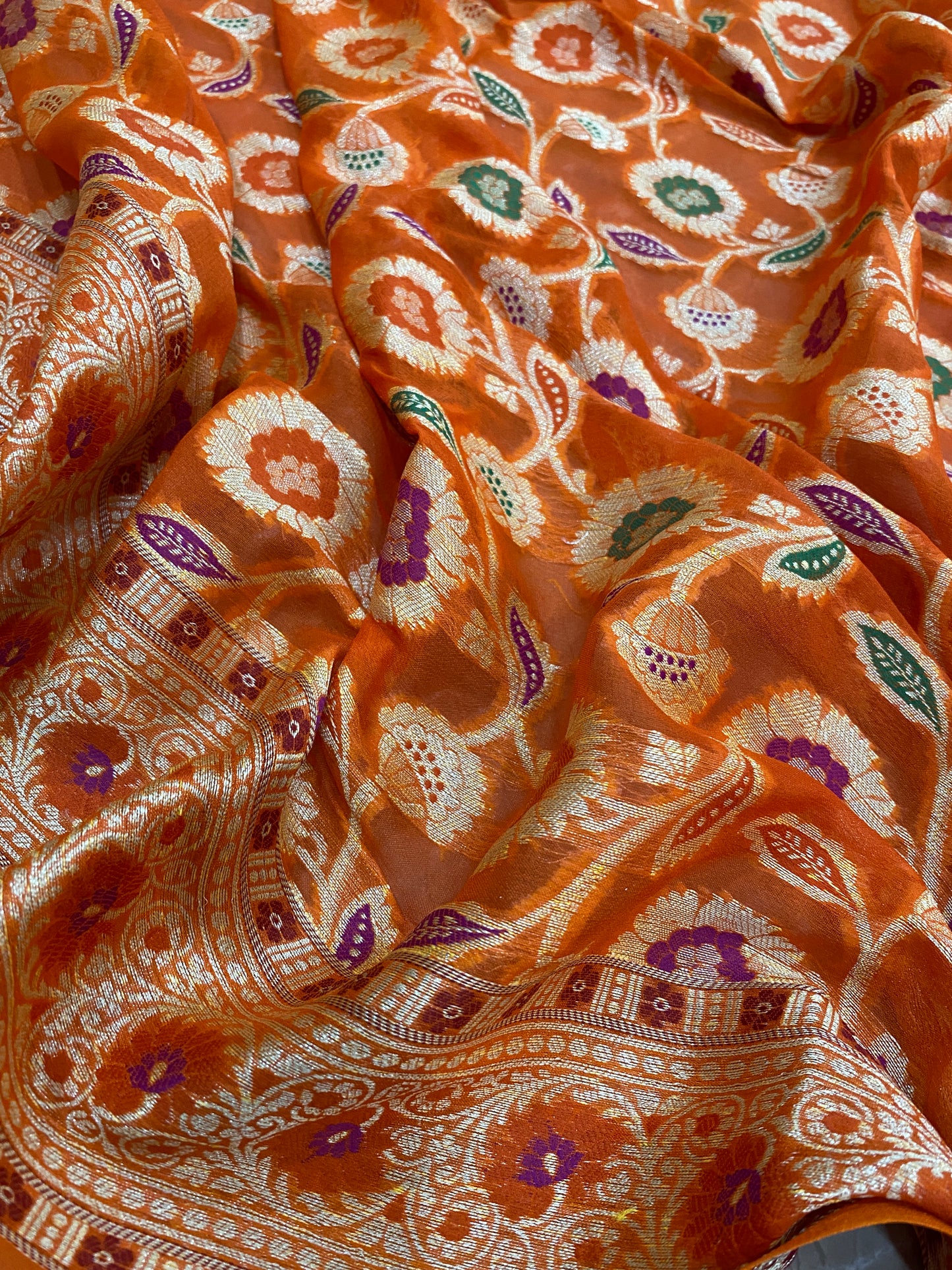 Arancio Vivo Pekhwa Couture Pure Khaddi Chiffon Banarasi Saree