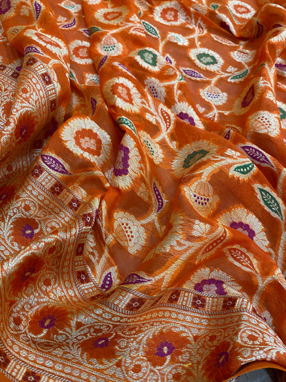 Arancio Vivo Pekhwa Couture Pure Khaddi Chiffon Banarasi Saree