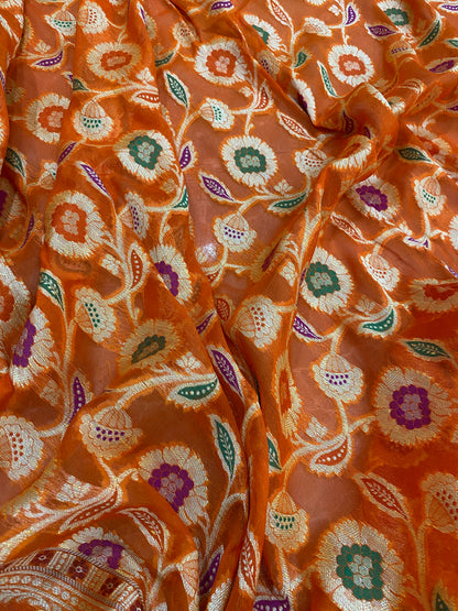 Arancio Vivo Pekhwa Couture Pure Khaddi Chiffon Banarasi Saree