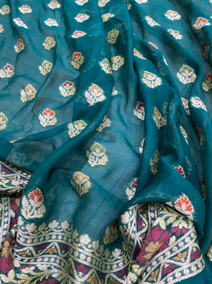 Verde Bottiglia Pekhwa Couture Pure Khaddi Chiffon Banarasi Saree