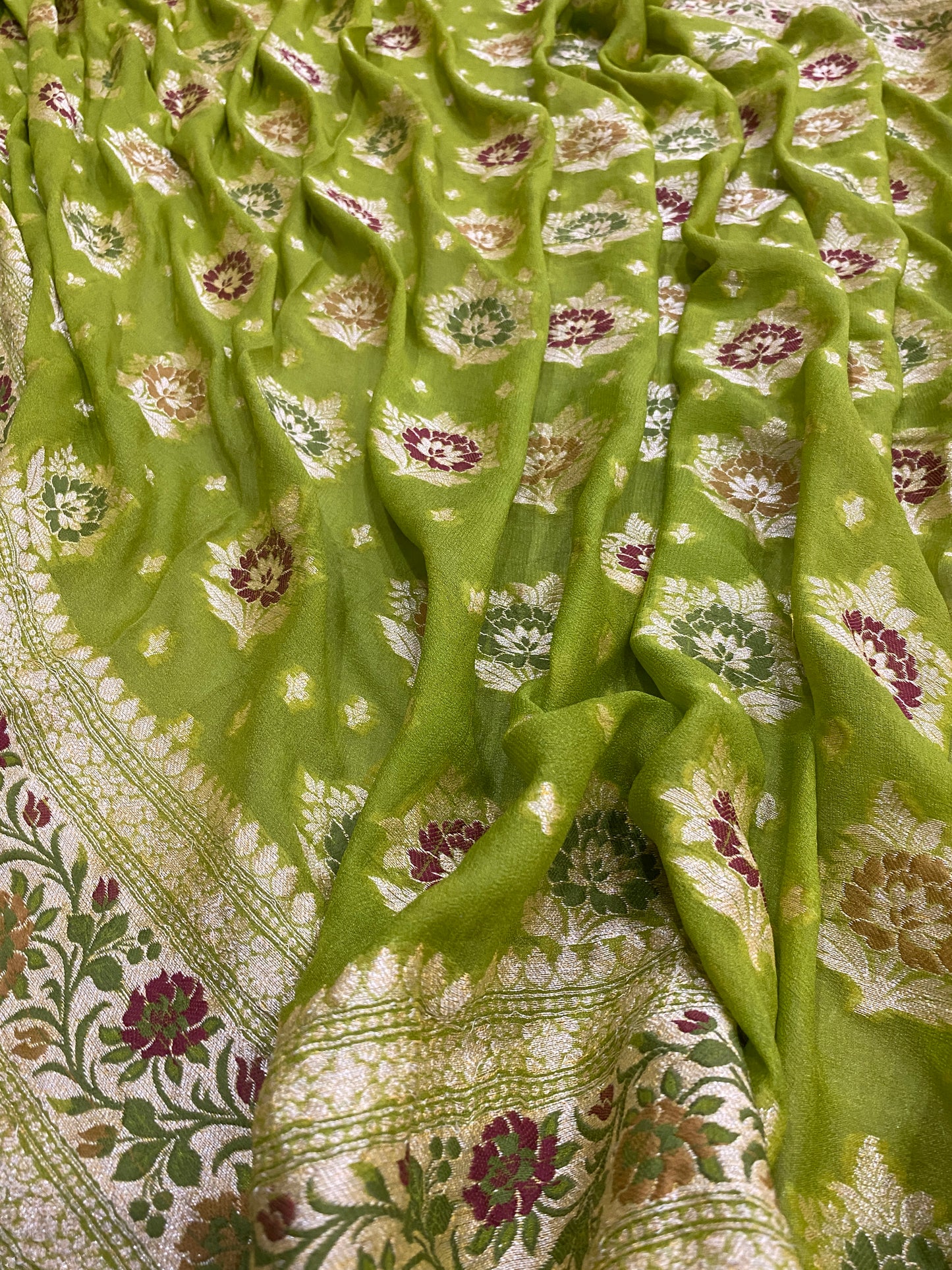 Verde Foglia Pekhwa Couture Pure Khaddi Chiffon Banarasi Saree