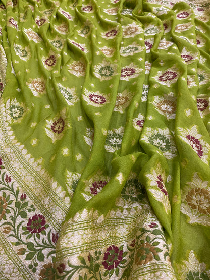 Verde Foglia Pekhwa Couture Pure Khaddi Chiffon Banarasi Saree