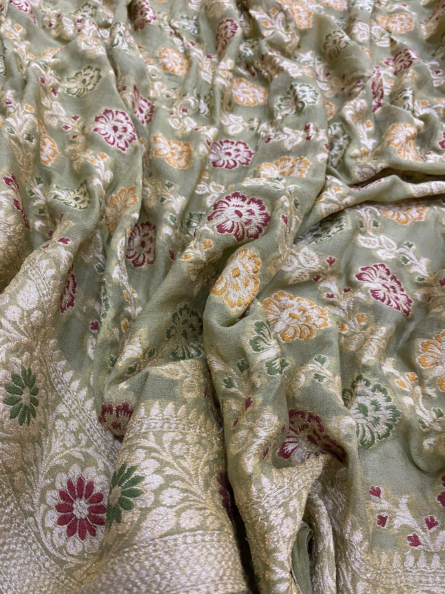 Verde Pastello Pekhwa Couture Pure Khaddi Chiffon Banarasi Saree