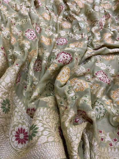 Verde Pastello Pekhwa Couture Pure Khaddi Chiffon Banarasi Saree