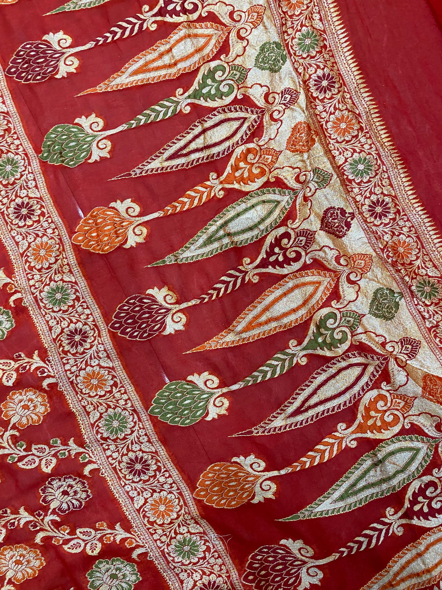 Rosso Cardinale Pekhwa Couture Pure Khaddi Chiffon Banarasi Saree