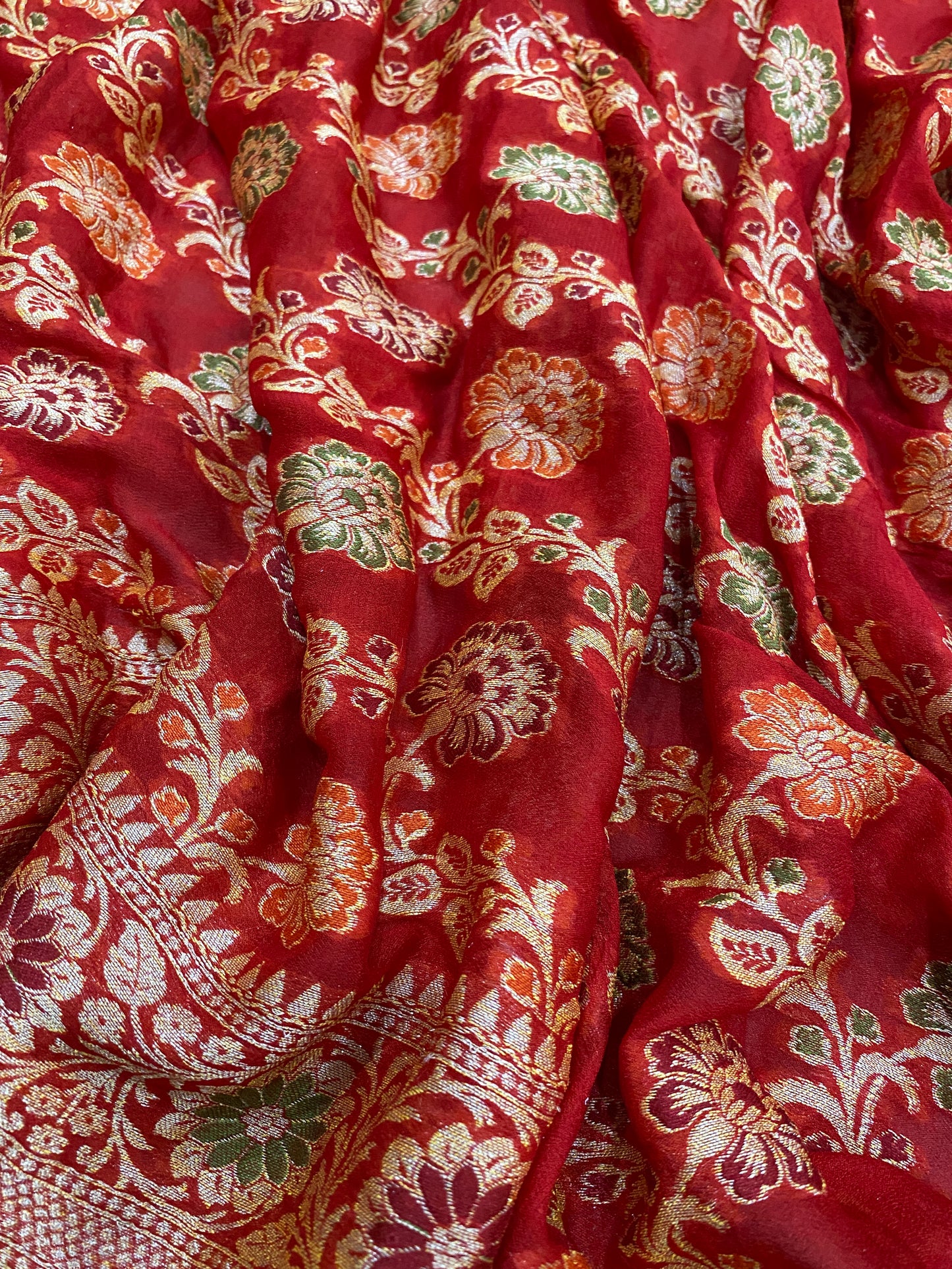 Rosso Cardinale Pekhwa Couture Pure Khaddi Chiffon Banarasi Saree