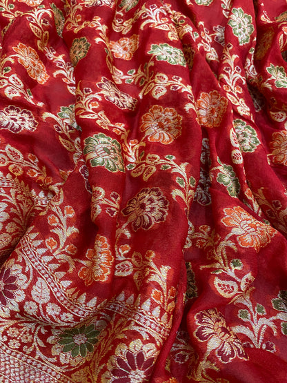 Rosso Cardinale Pekhwa Couture Pure Khaddi Chiffon Banarasi Saree