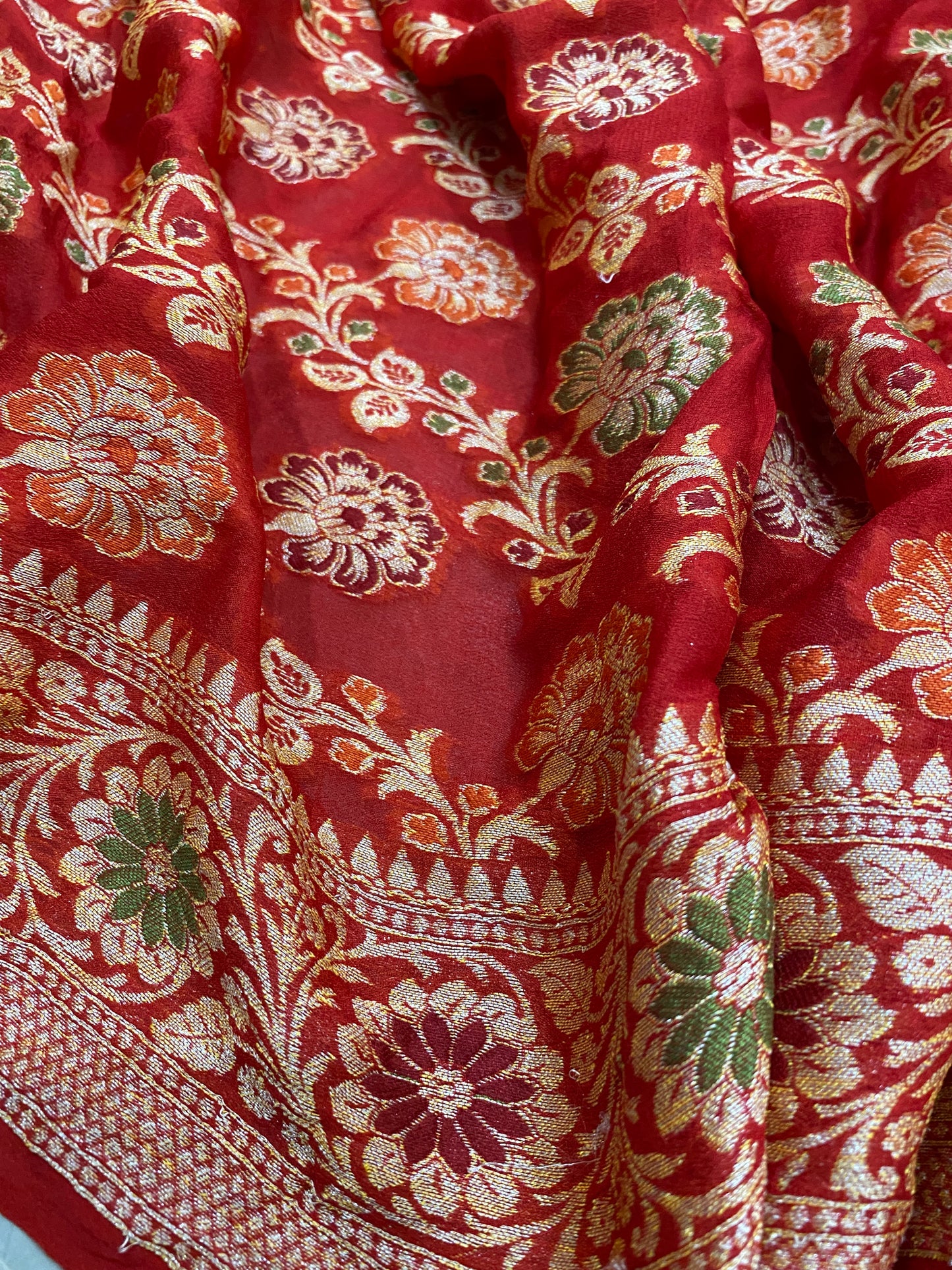 Rosso Cardinale Pekhwa Couture Pure Khaddi Chiffon Banarasi Saree
