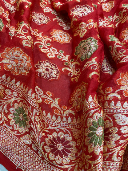 Rosso Cardinale Pekhwa Couture Pure Khaddi Chiffon Banarasi Saree