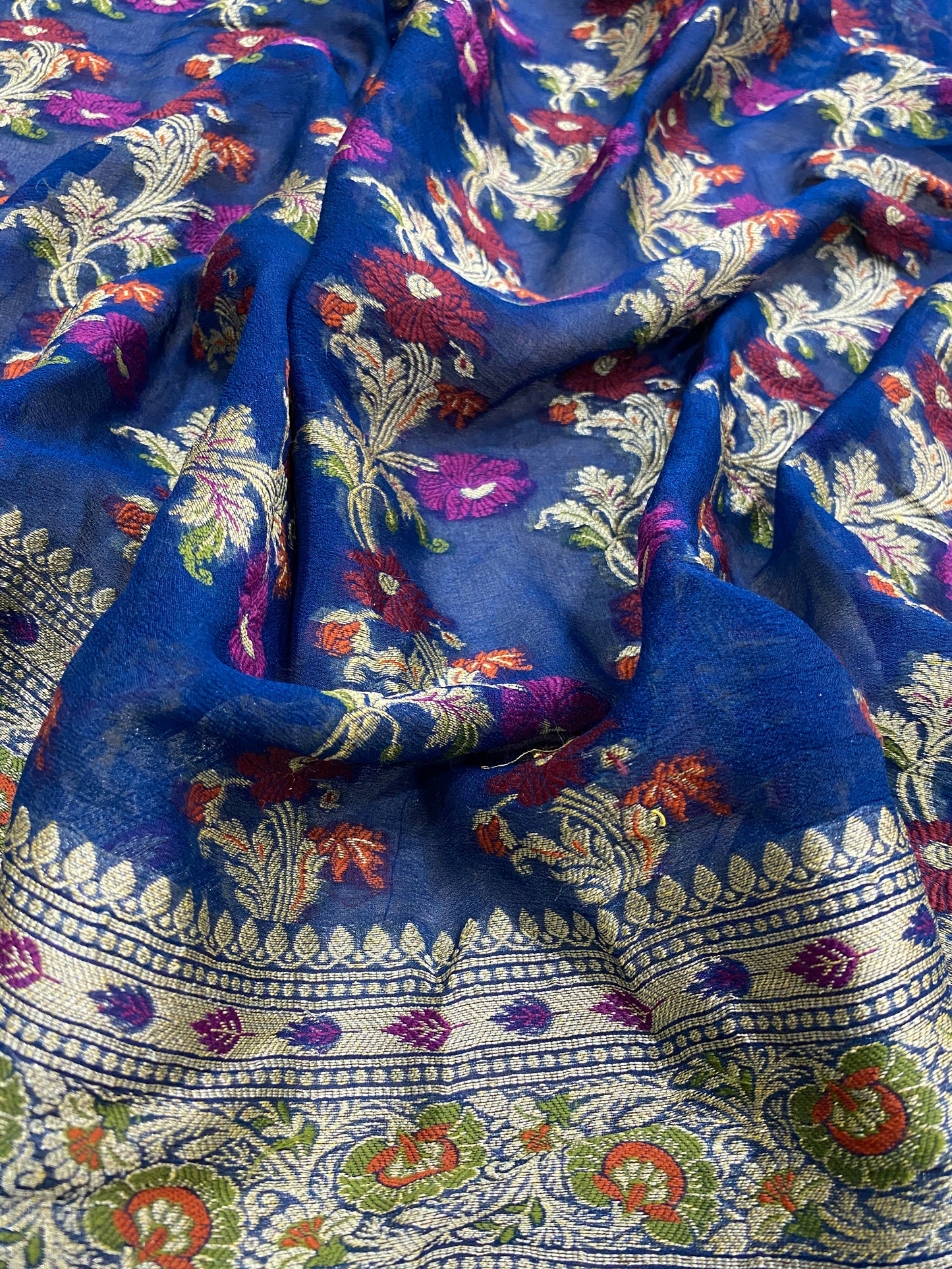 Blu Zaffiro Pekhwa Couture Pure Khaddi Chiffon Banarasi Saree