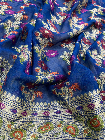 Blu Zaffiro Pekhwa Couture Pure Khaddi Chiffon Banarasi Saree