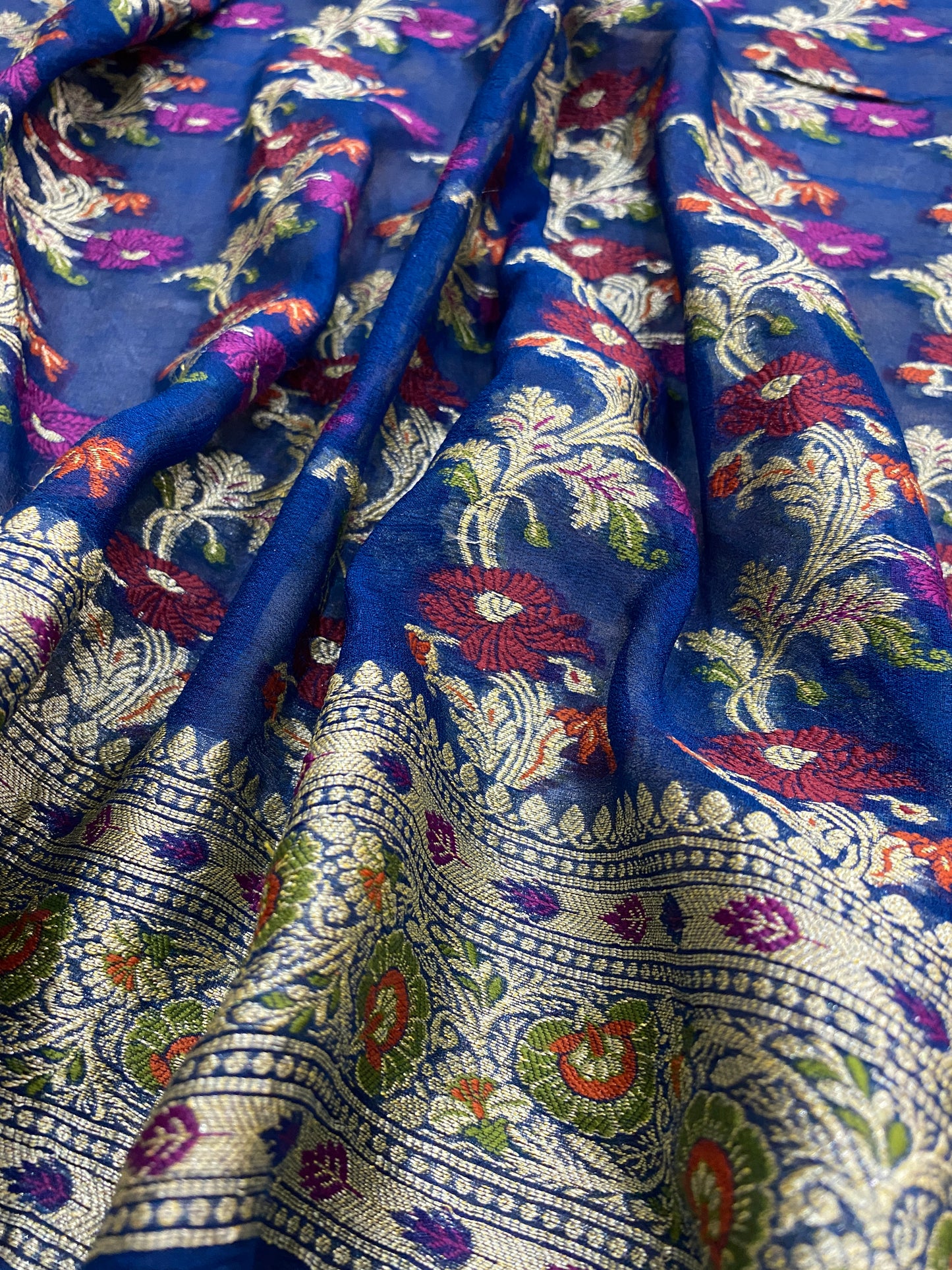 Blu Zaffiro Pekhwa Couture Pure Khaddi Chiffon Banarasi Saree
