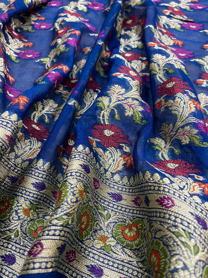 Blu Zaffiro Pekhwa Couture Pure Khaddi Chiffon Banarasi Saree