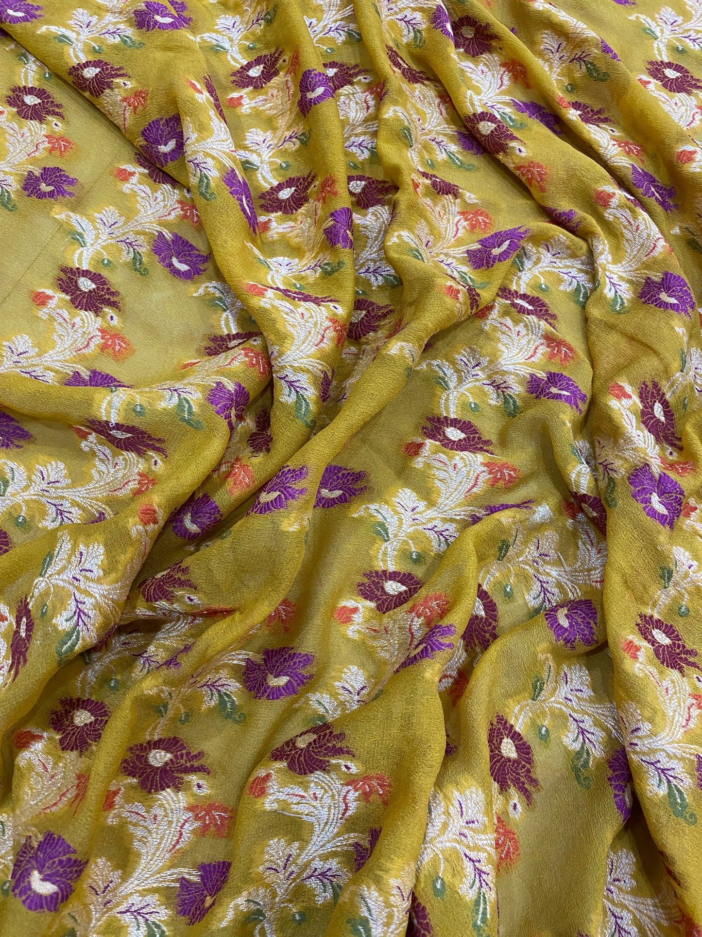 Giallo Dorato Pekhwa Couture Pure Khaddi Chiffon Banarasi Saree