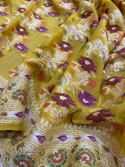 Giallo Dorato Pekhwa Couture Pure Khaddi Chiffon Banarasi Saree