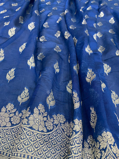 Blu Regale Cutwork Butis Couture Pure Mango Silk Banarasi Saree