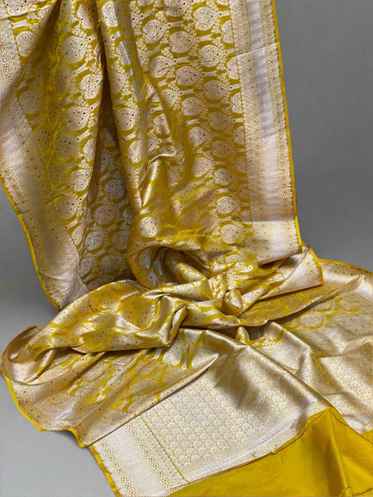 Elegant Yellow Pure Silk Banarasi Saree with Handwoven Jaal Work by Shades Of Benares - banarasi - banarasi saree shop