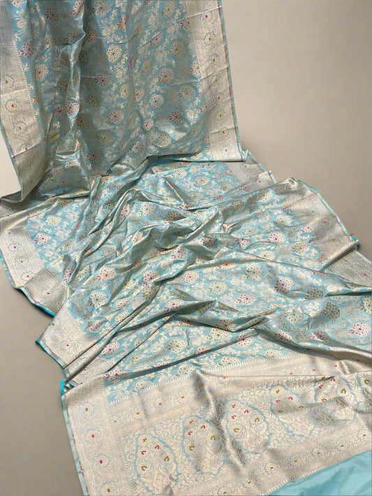 Light Blue Pure Silk Banarasi Saree with Handwoven Jaal Work by Shades Of Benares - banarasi - banarasi saree shop