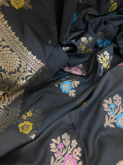 Black Pure Soft Silk Designer Banarasi Saree with Tilfi Butis by Shades Of Benares - banarasi - banarasi saree shop