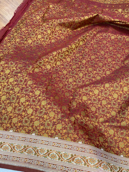 Brown Pure Silk Jaamewar Designer Banarasi Saree with Tanchui Weave by Shades Of Benares - banarasi - banarasi saree shop