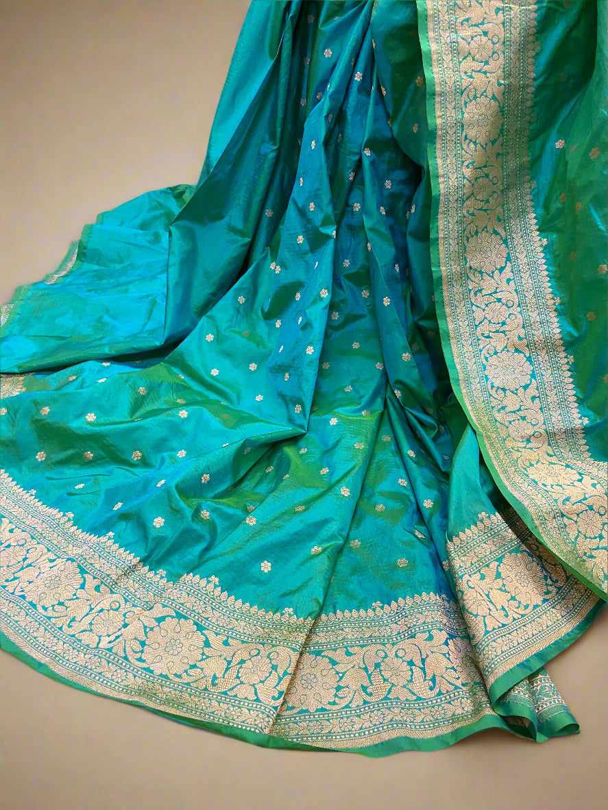 Green Pure Silk Traditional Banarasi Saree with Kadhwa Butis by Shades Of Benares - banarasi - banarasi saree shop