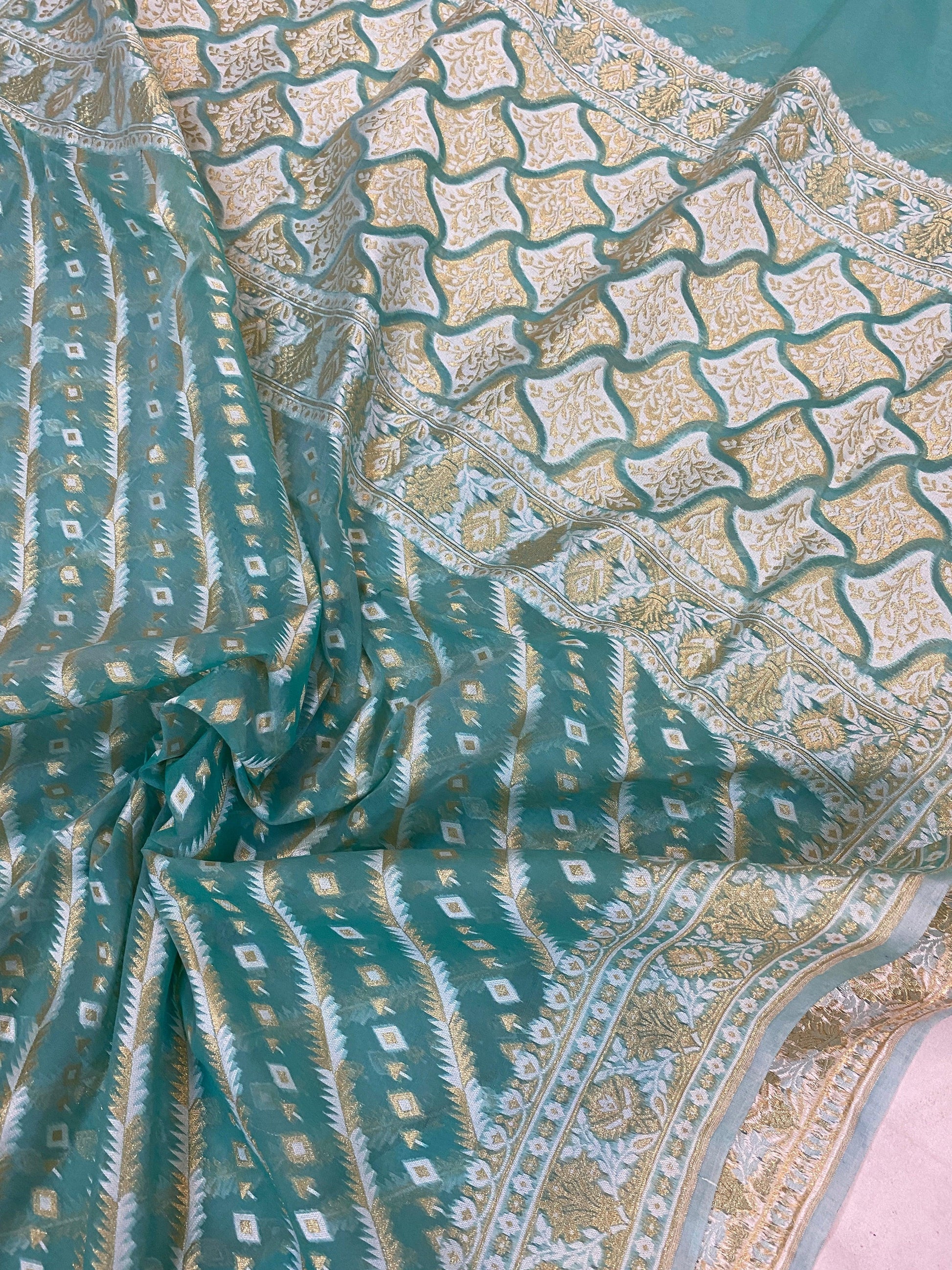 Handwoven Sea Green Pure Banarasi Cotton Sari by Shades Of Benares - banarasi - banarasi saree shop