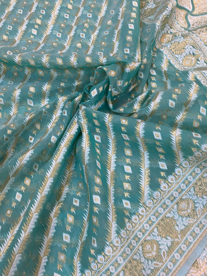 Handwoven Sea Green Pure Banarasi Cotton Sari by Shades Of Benares - banarasi - banarasi saree shop