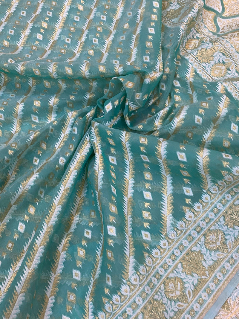 Handwoven Sea Green Pure Banarasi Cotton Sari - Shades Of Benares