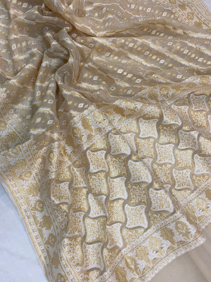 Handwoven Creme Pure Banarasi Cotton Sari by Shades Of Benares - banarasi - banarasi saree shop