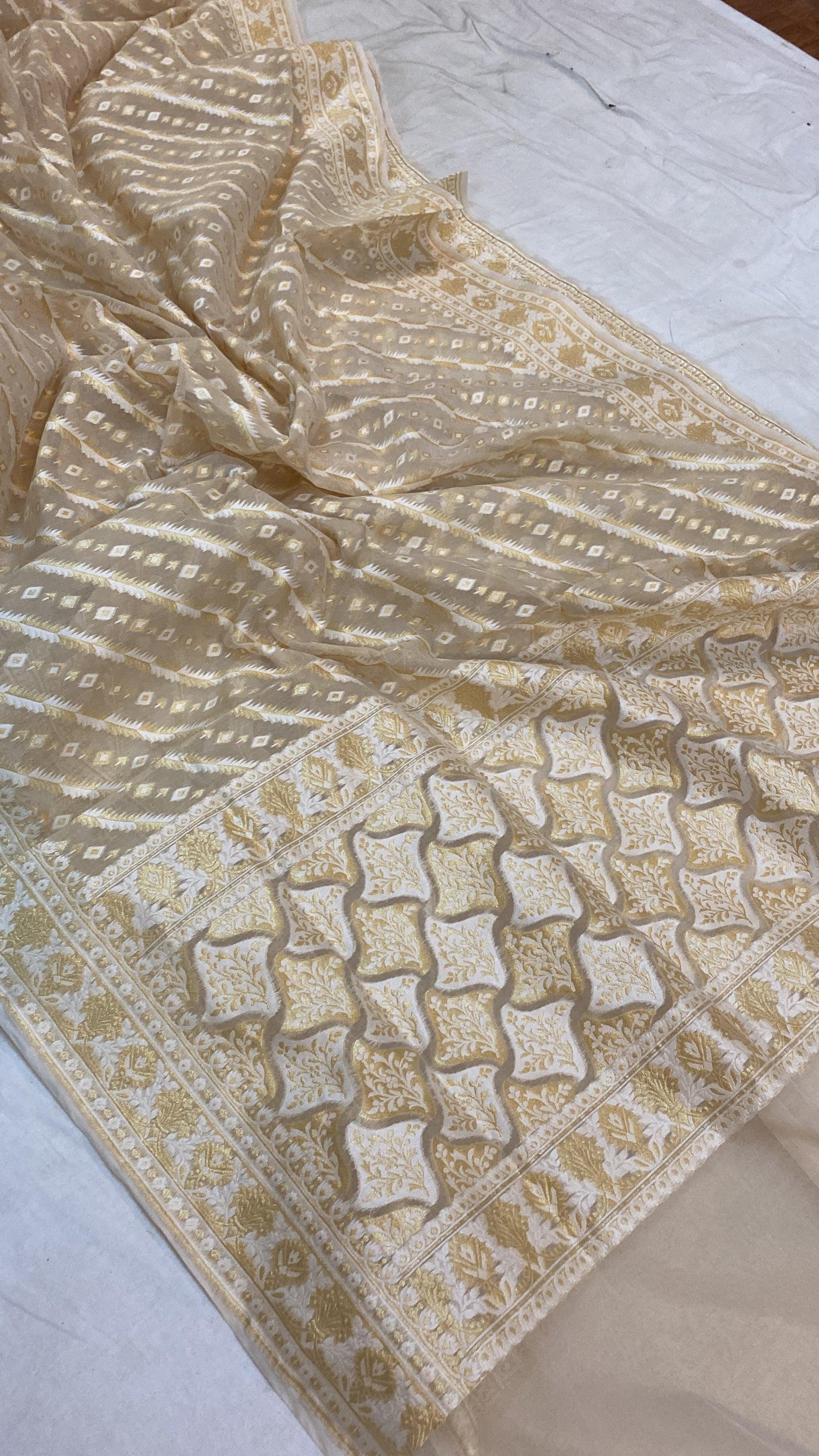 Handwoven Creme Pure Banarasi Cotton Sari by Shades Of Benares - banarasi - banarasi saree shop