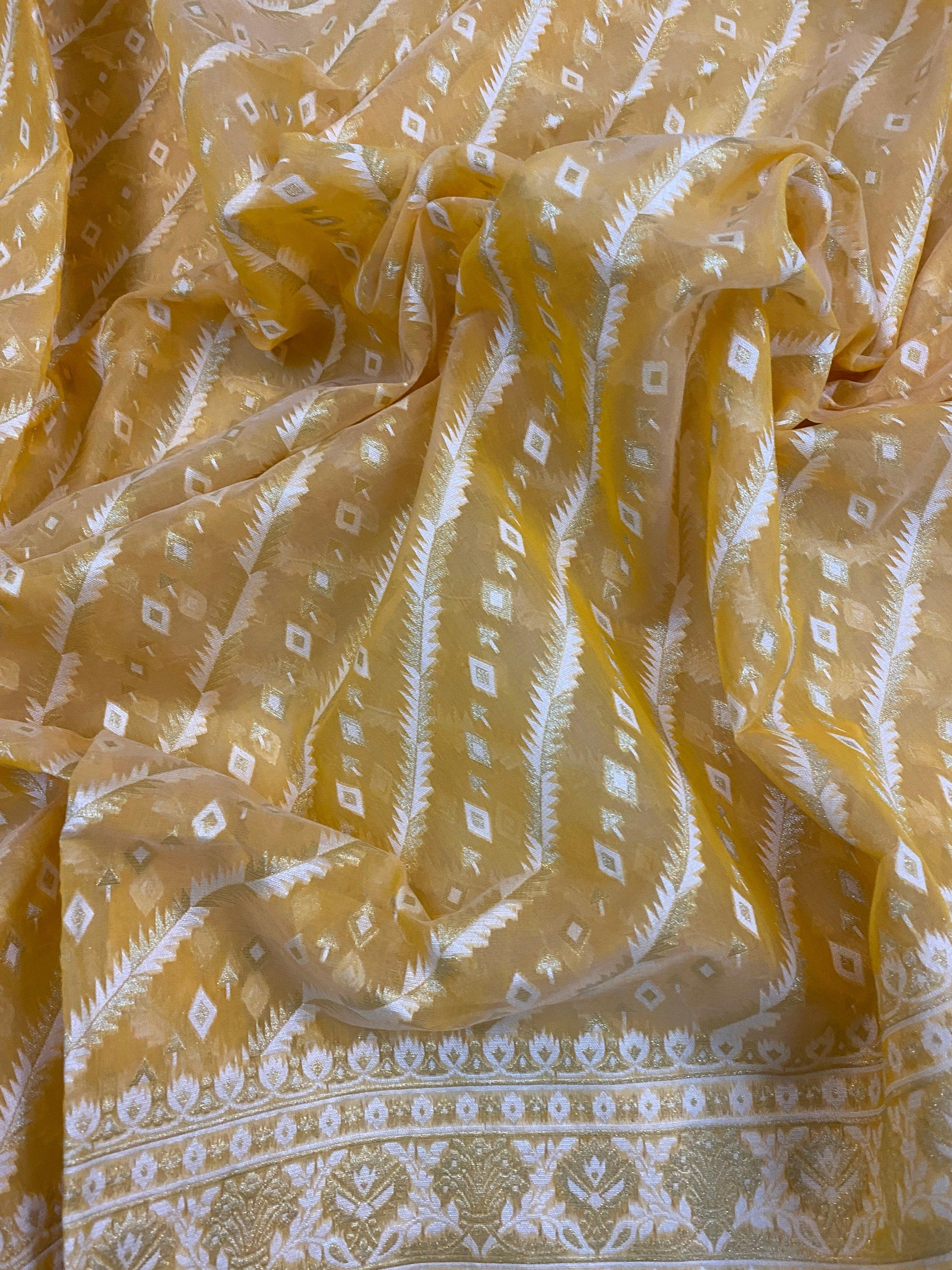 Handwoven Yellow Pure Banarasi Cotton Sari by Shades Of Benares - banarasi - banarasi saree shop