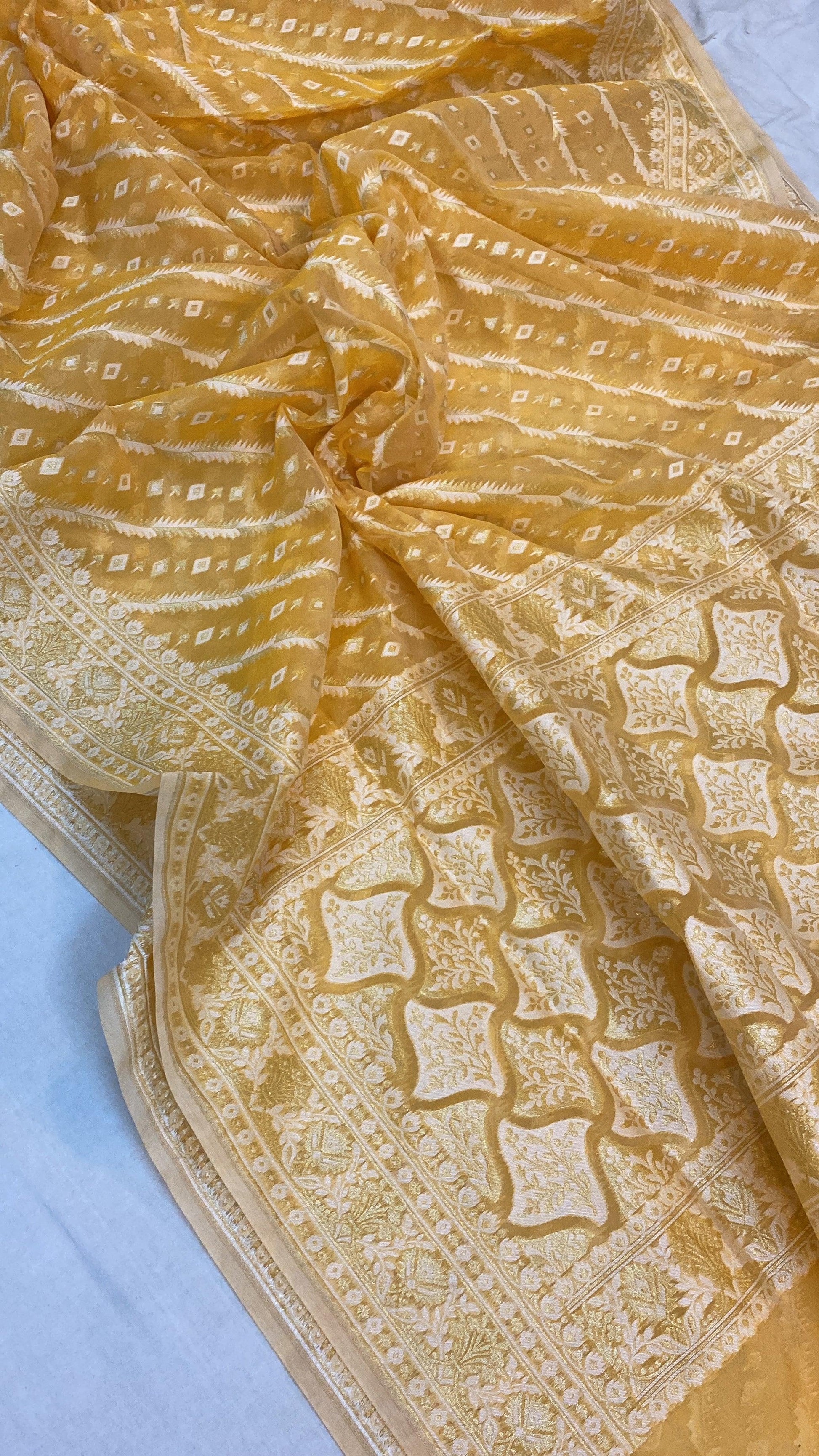 Handwoven Yellow Pure Banarasi Cotton Sari by Shades Of Benares - banarasi - banarasi saree shop