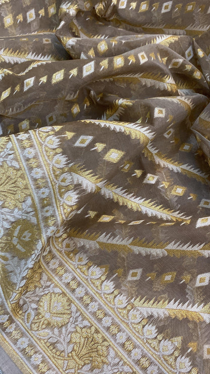 Handwoven Brown Pure Banarasi Cotton Sari by Shades Of Benares - banarasi - banarasi saree shop