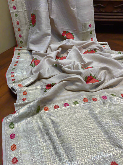 Pure Khaddi Tussar Silk Kadhwa Banarasi Saree with Minakari Floral Motifs