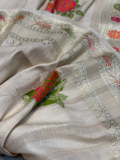 Pure Khaddi Tussar Silk Kadhwa Banarasi Saree with Minakari Floral Motifs