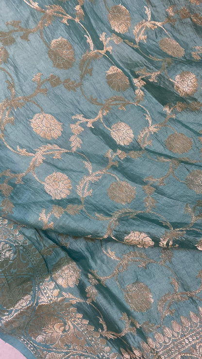 Handwoven Sea Blue Pure Banarasi Silk Sari by Shades Of Benares - banarasi - banarasi saree shop