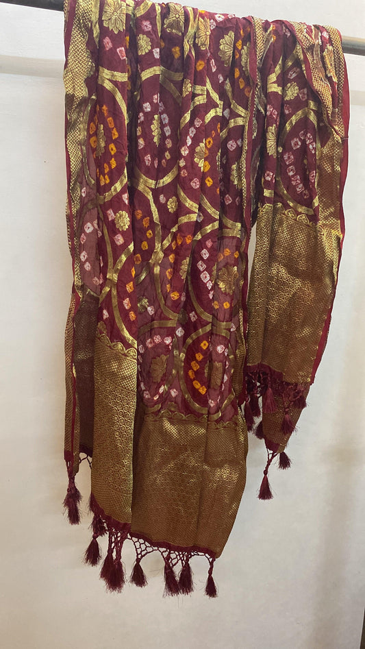 Maroon Georgette Bandhani Dupatta by Shades Of Benares - banarasi - banarasi saree shop