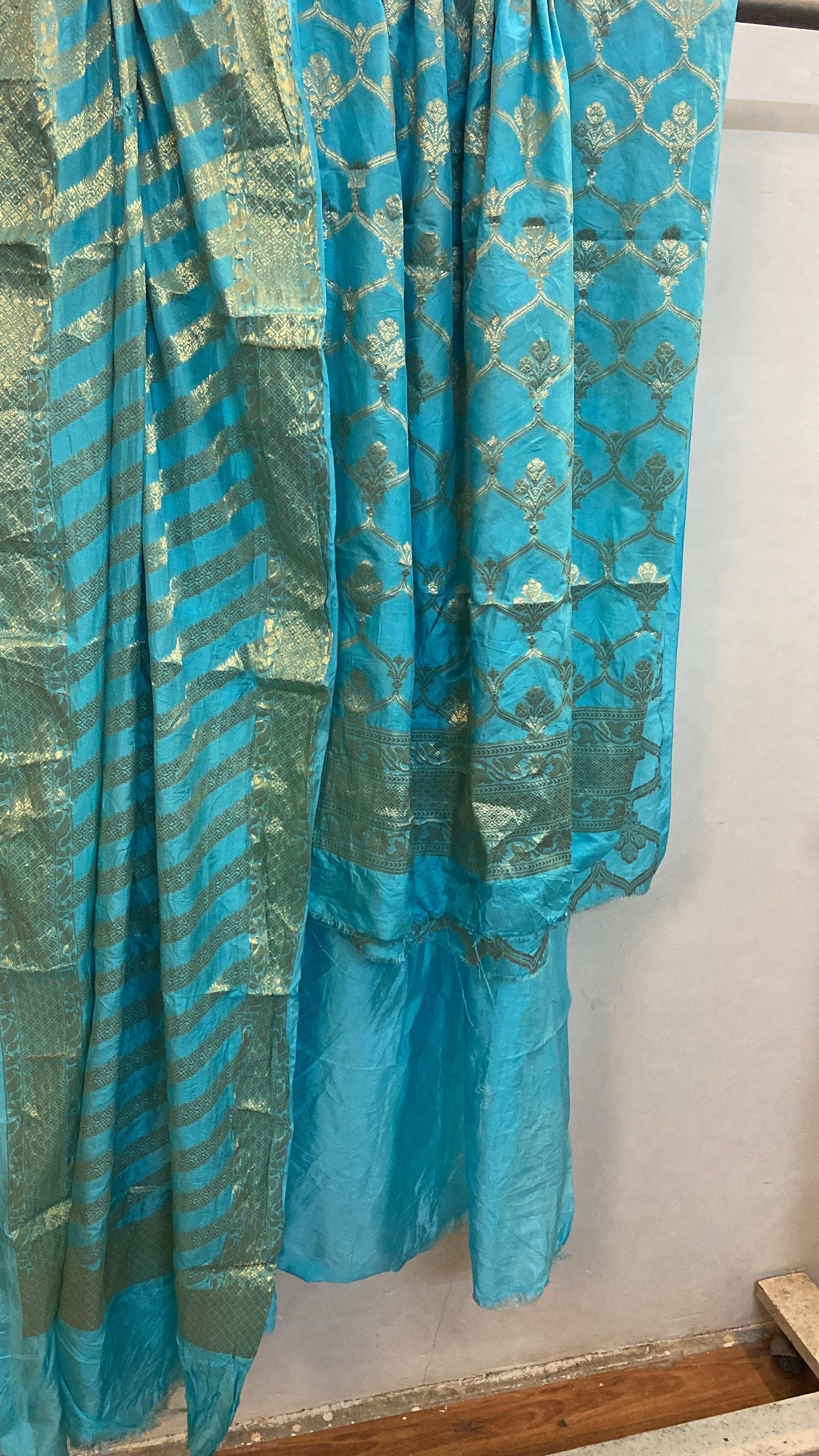 Blue Banarasi cotton silk handloom 3 pcs suit set by Shades Of Benares - banarasi - banarasi saree shop