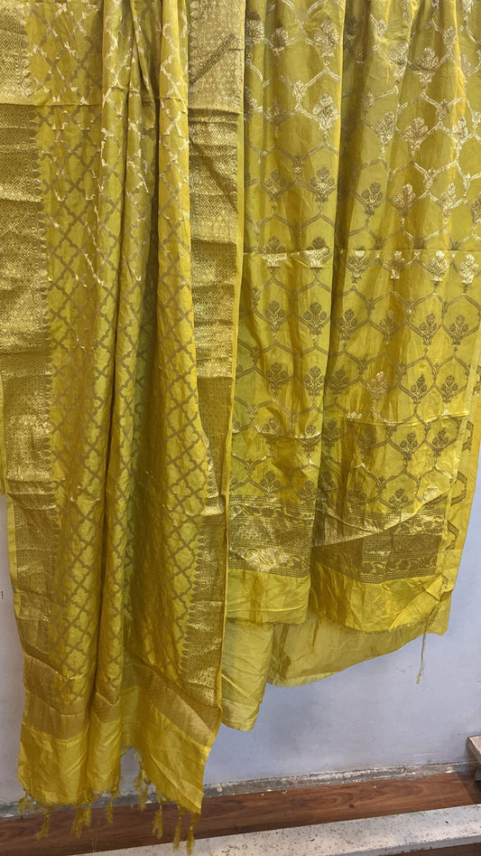 Yellow Banarasi cotton silk handloom 3 pcs suit set by Shades Of Benares - banarasi - banarasi saree shop