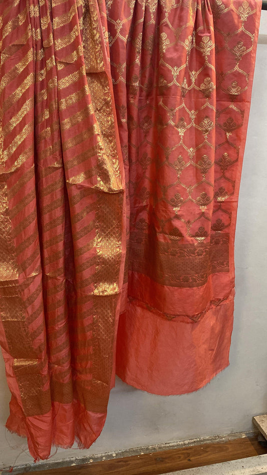 Pink Banarasi cotton silk handloom 3 pcs suit set by Shades Of Benares - banarasi - banarasi saree shop