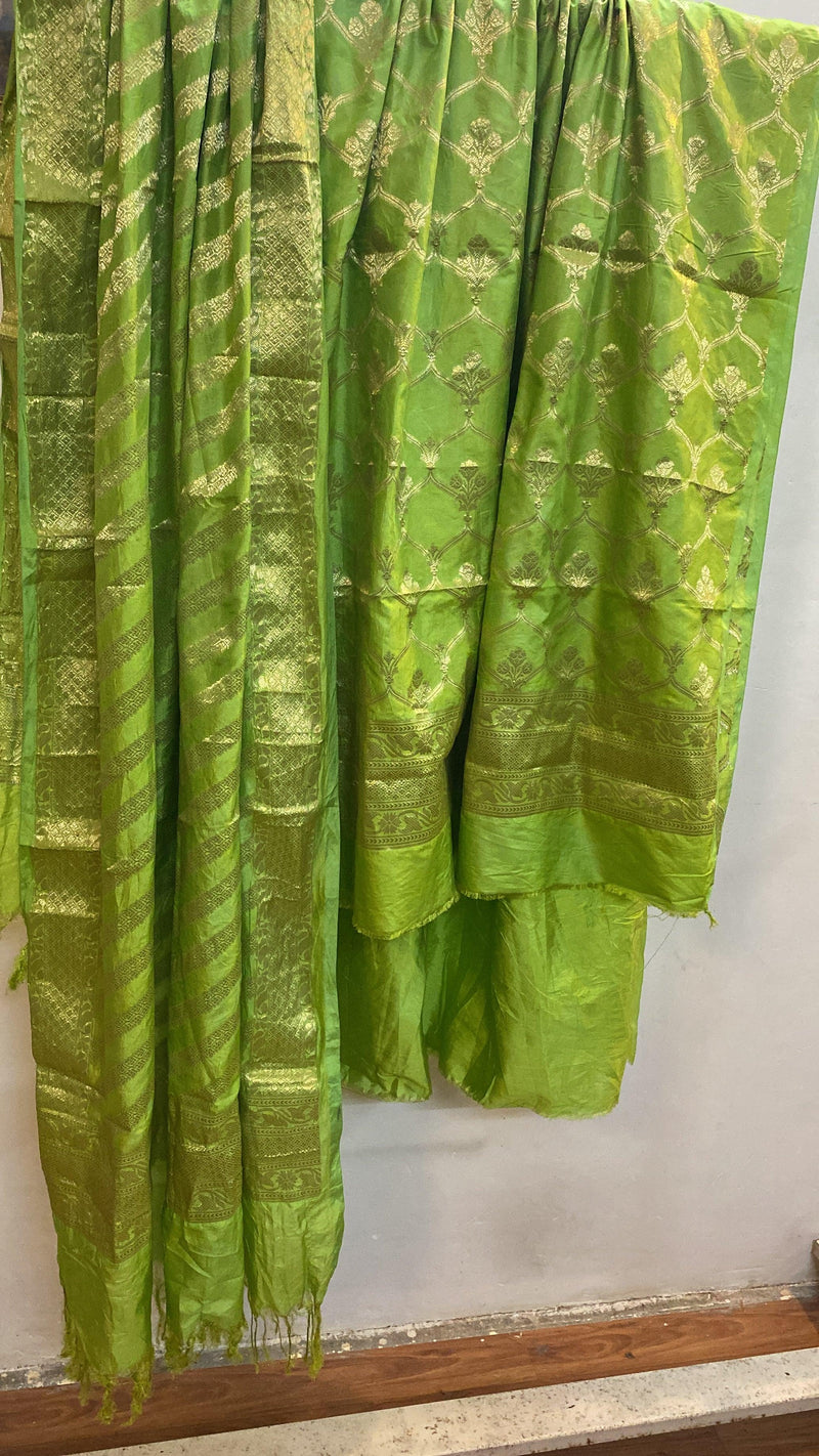 Green Banarasi cotton silk handloom 3 pcs suit set - Shades Of Benares