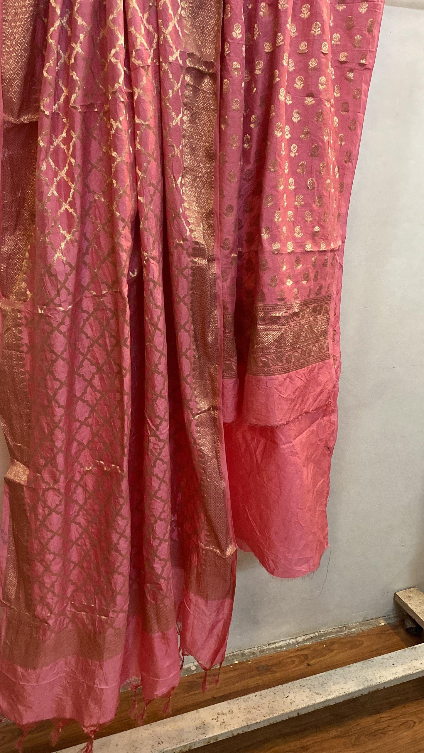 Pink Banarasi cotton silk handloom 3 pcs suit set by Shades Of Benares - banarasi - banarasi saree shop