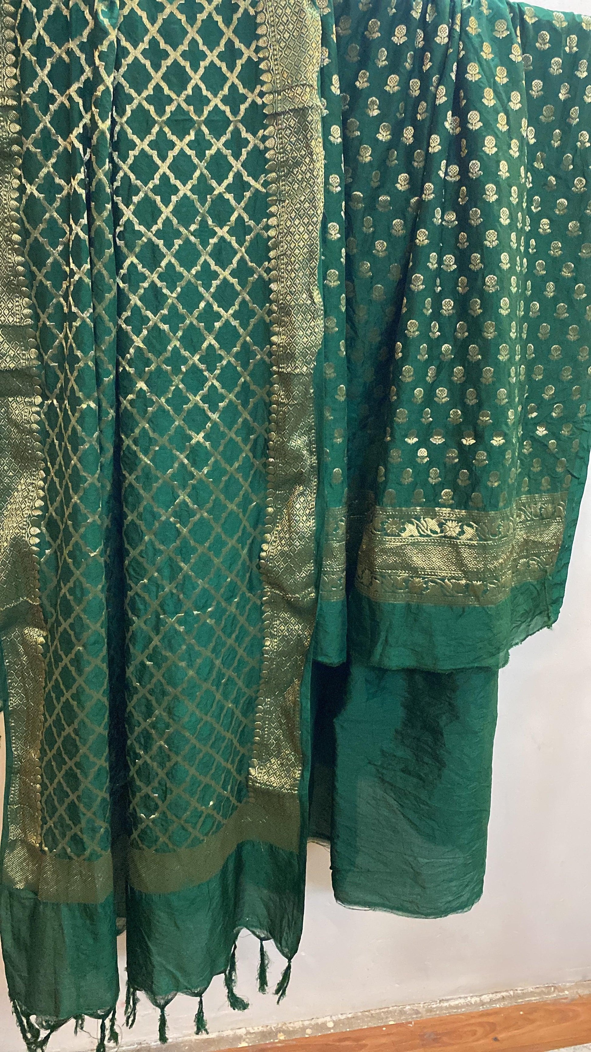 Green Banarasi cotton silk handloom 3 pcs suit set by Shades Of Benares - banarasi - banarasi saree shop