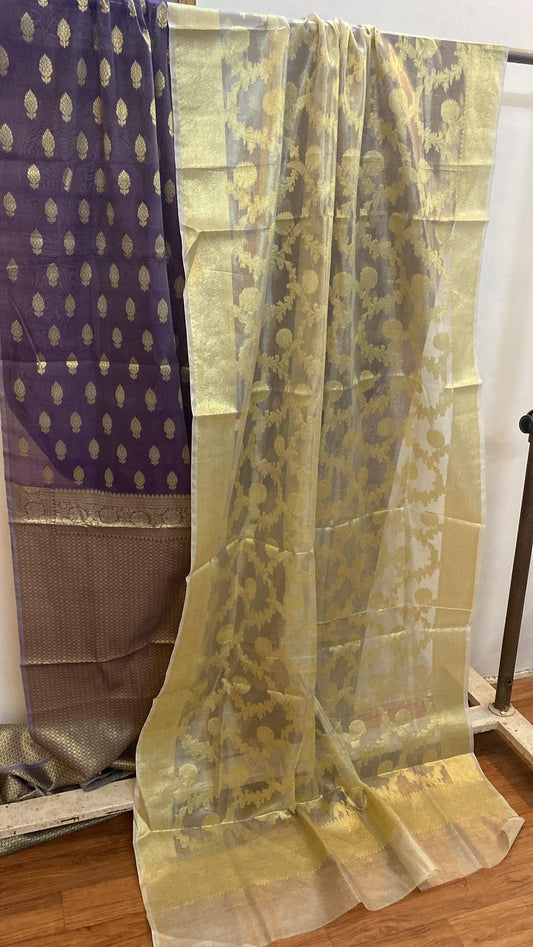 English Purple Banarasi cotton handloom 3 pcs suit set with Tissue Dupatta by Shades Of Benares - banarasi - banarasi saree shop