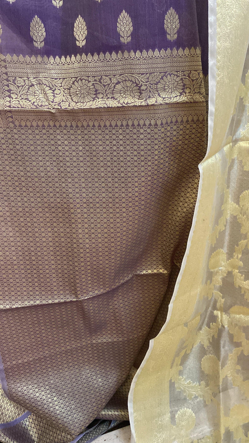 English Purple Banarasi cotton handloom 3 pcs suit set with Tissue Dupatta
