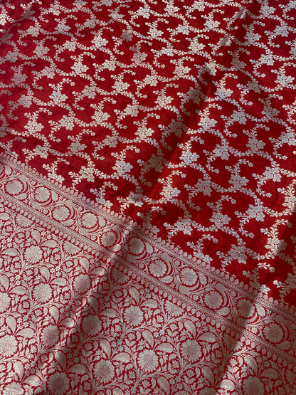 Red Pure Silk Banarasi Saree with Floral Jaal by Shades Of Benares - banarasi - banarasi saree shop - banarasi saree manufacturers - banarasi saree wholesale - banaraasi sarees