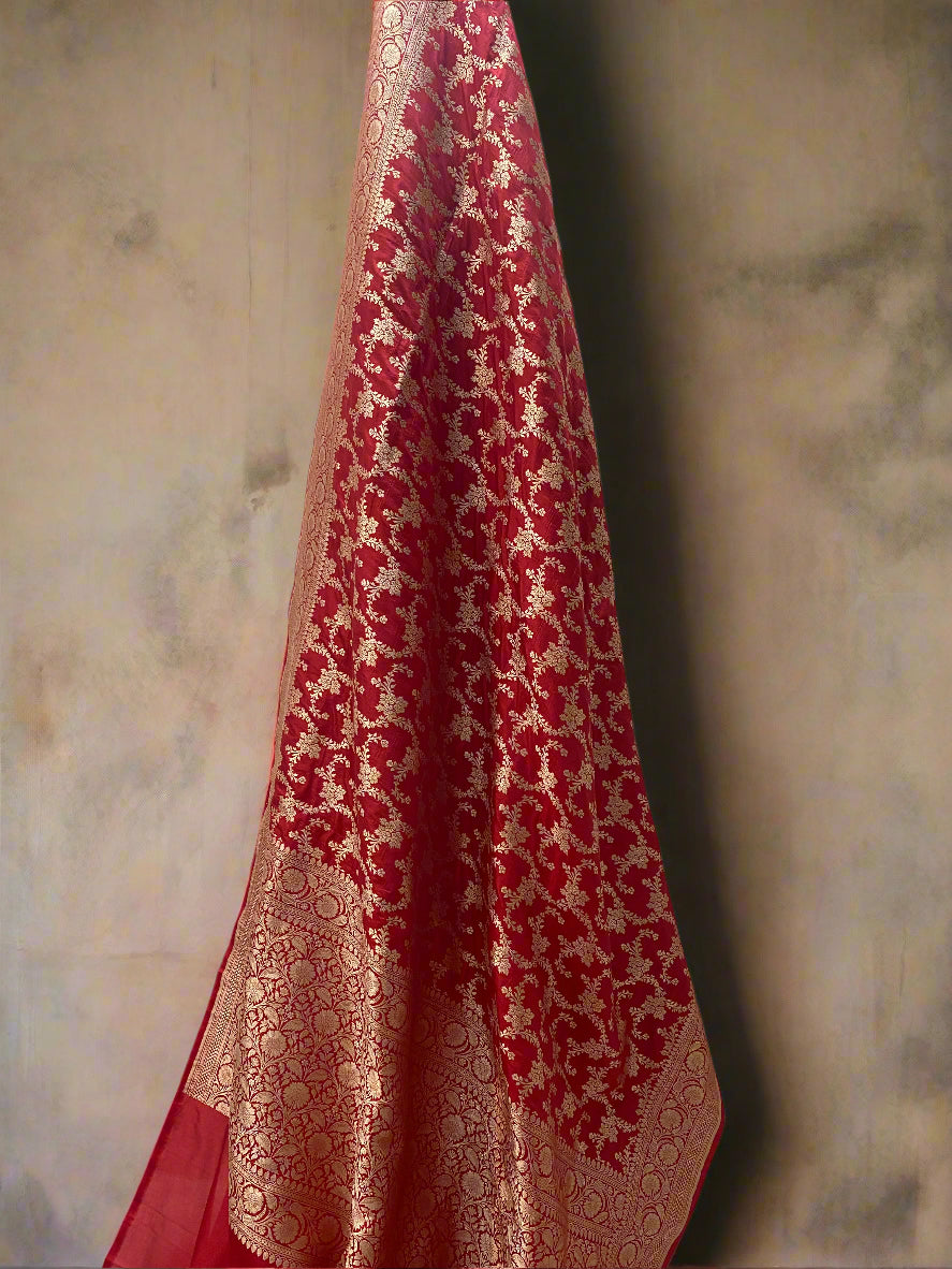 Red Pure Silk Banarasi Saree with Floral Jaal by Shades Of Benares - banarasi - banarasi saree shop - banarasi saree manufacturers - banarasi saree wholesale - banaraasi sarees