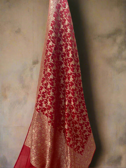Red Pure Silk Banarasi Saree with Floral Jaal by Shades Of Benares - banarasi - banarasi saree shop - banarasi saree manufacturers - banarasi saree wholesale - banaraasi sarees
